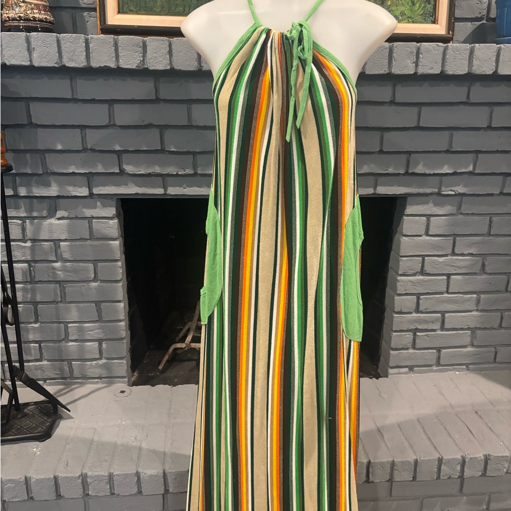 Vintage Green & Yellow Striped Halter Maxi Dress